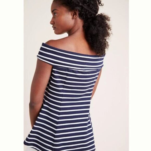 MAEVE Anthropologie Structured Off-The-Shoulder Top Blue & White Sz S Flawed - Picture 9 of 16
